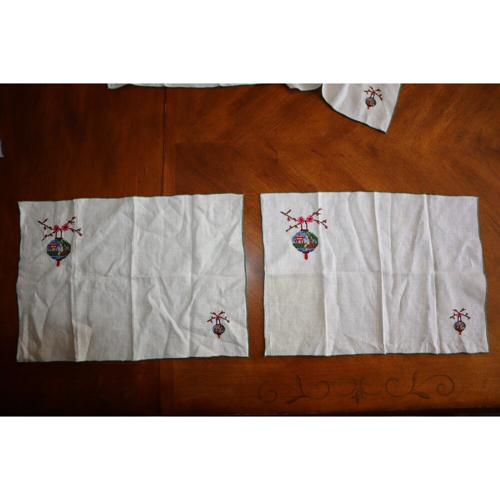 Vtg Cross Stitch Placemats Or Napkins Japanese Cherry Blossom Building 18x12" - Picture 6 of 16